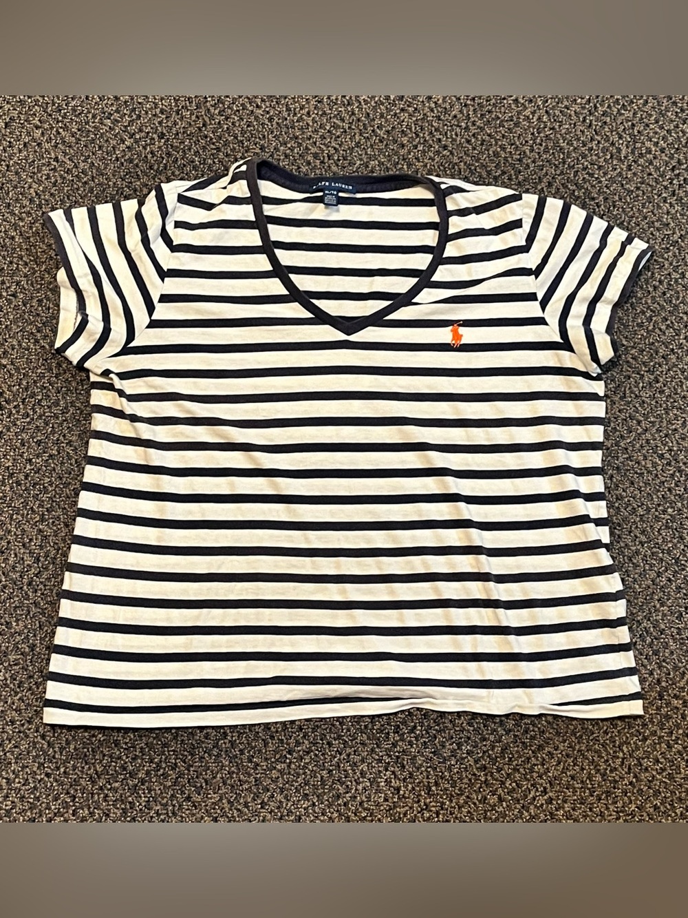 Ralph Lauren White & Navy Striped V-Neck Tee with Orange Polo Logo